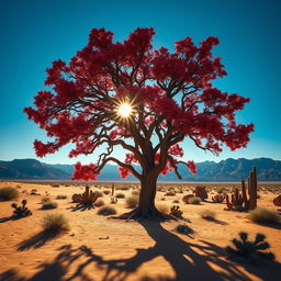 A dramatic scene featuring a blood-red tree, known as the Blood Oak, standing alone in a vast desert landscape