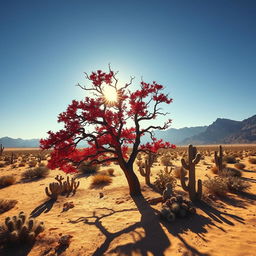 A dramatic scene featuring a blood-red tree, known as the Blood Oak, standing alone in a vast desert landscape