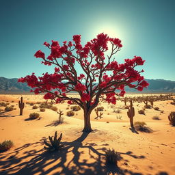 A dramatic scene featuring a blood-red tree, known as the Blood Oak, standing alone in a vast desert landscape