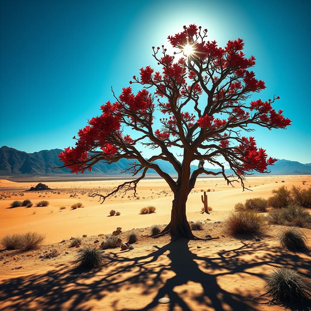 A dramatic scene featuring a blood-red tree, known as the Blood Oak, standing alone in a vast desert landscape