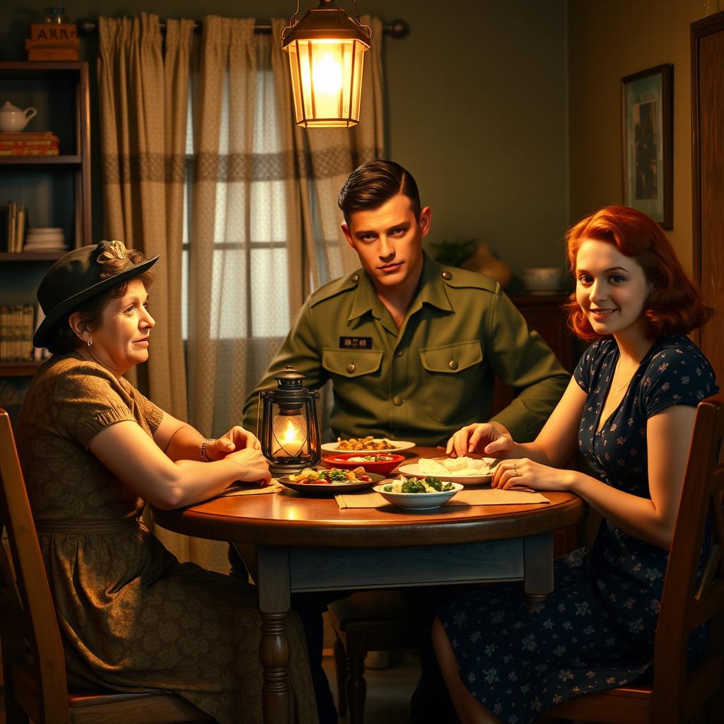 A strong, tall young Brazilian soldier dining in a cozy home setting, surrounded by his caring mother and a beautiful young redhead girlfriend