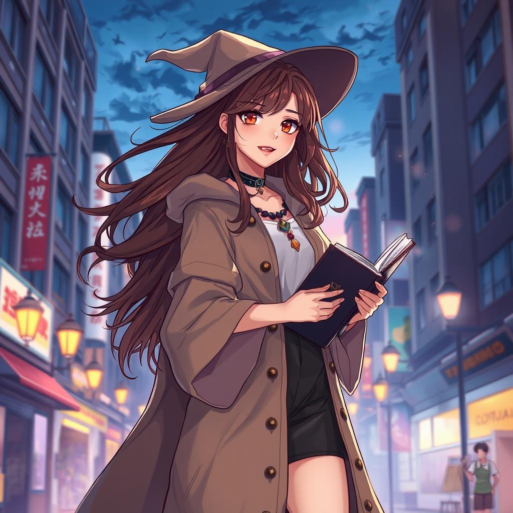 An illustration in manhwa style featuring a modern witch woman, 25 years old, with flowing brown hair and captivating brown eyes