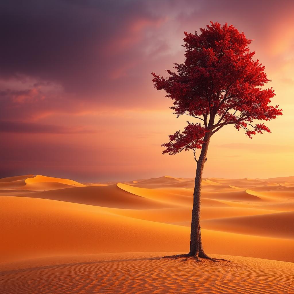 A hauntingly beautiful scene featuring a tall, blood-red tree with lush foliage, standing solitary in a vast desert landscape