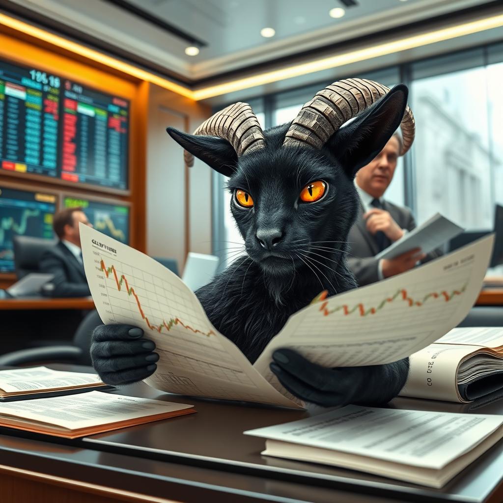A whimsical scene featuring a hybrid creature that has the body of a black cat and the head of a goat, intently examining a gold futures chart on a sleek office desk