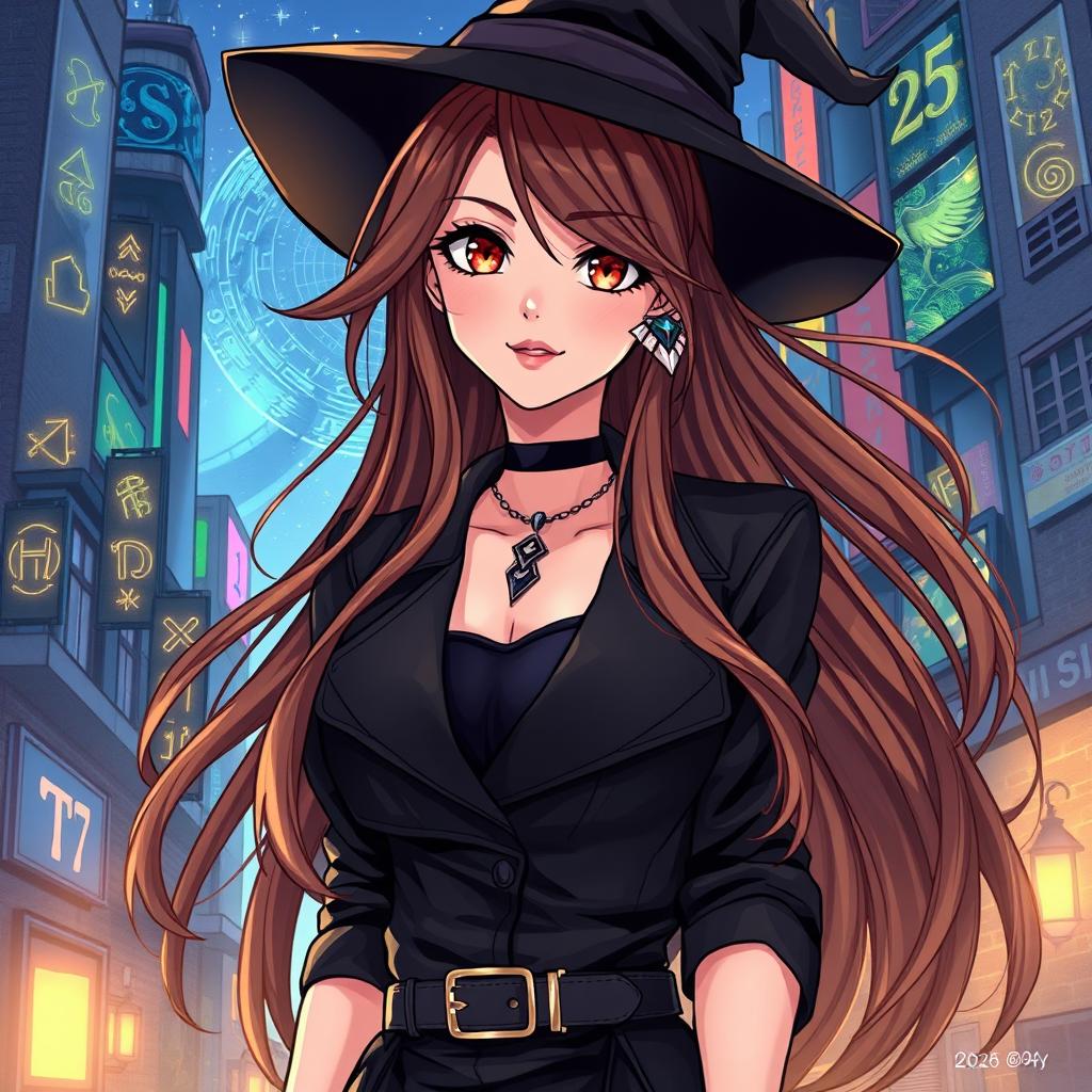 An illustration in manhwa style featuring a modern witch woman