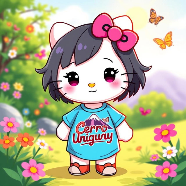 A cute and colorful illustration of a fictional character inspired by Hello Kitty wearing a t-shirt featuring a design of Cerro Uruguay, with vibrant colors and playful elements
