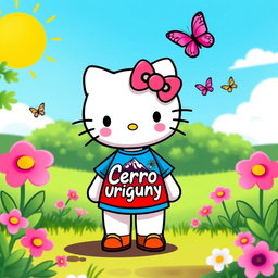 A cute and colorful illustration of a fictional character inspired by Hello Kitty wearing a t-shirt featuring a design of Cerro Uruguay, with vibrant colors and playful elements