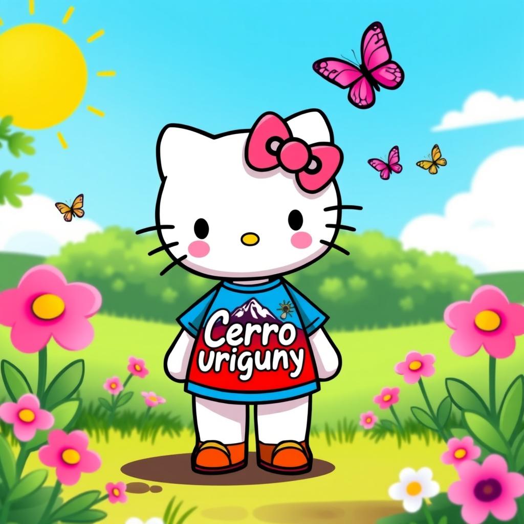 A cute and colorful illustration of a fictional character inspired by Hello Kitty wearing a t-shirt featuring a design of Cerro Uruguay, with vibrant colors and playful elements