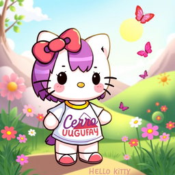 A cute and colorful illustration of a fictional character inspired by Hello Kitty wearing a t-shirt featuring a design of Cerro Uruguay, with vibrant colors and playful elements