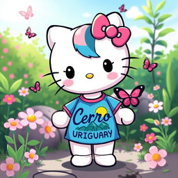 A cute and colorful illustration of a fictional character inspired by Hello Kitty wearing a t-shirt featuring a design of Cerro Uruguay, with vibrant colors and playful elements