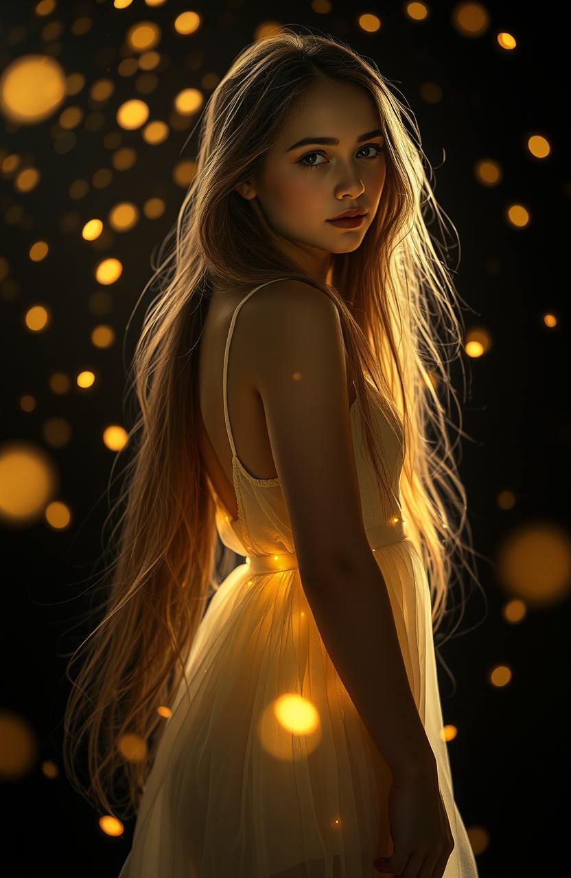 A young woman with long flowing hair, standing gracefully against a black background, surrounded by a glowing swarm of fireflies