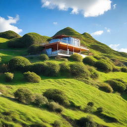 A scenic view of a house perched on a lush, lively hill under a clear sky.