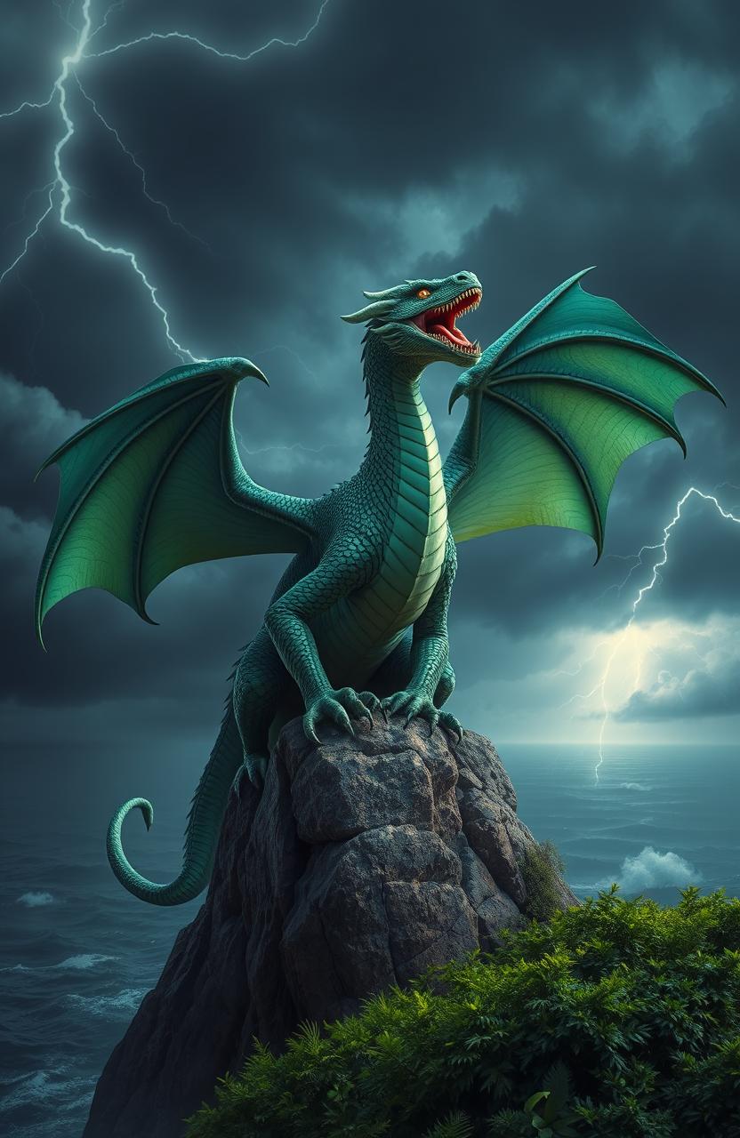 Majestic Dragon Overlooking the Stormy Ocean