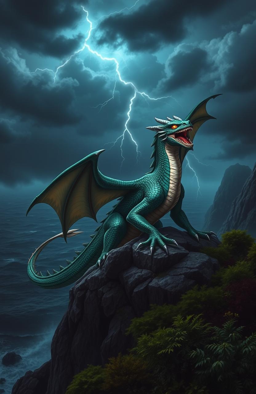 A magnificent and powerful dragon perched atop a rocky cliff, overlooking a vast, stormy ocean