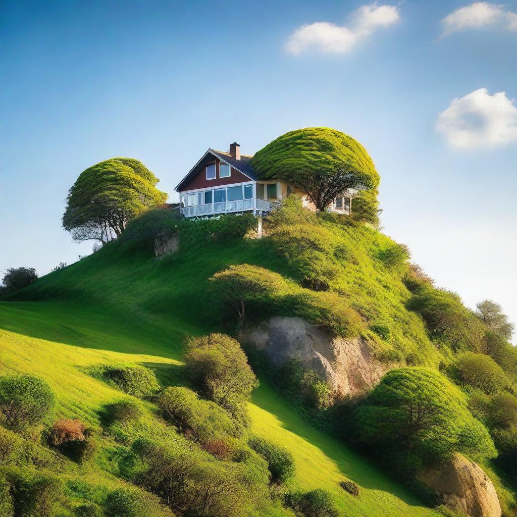 A scenic view of a house perched on a lush, lively hill under a clear sky.