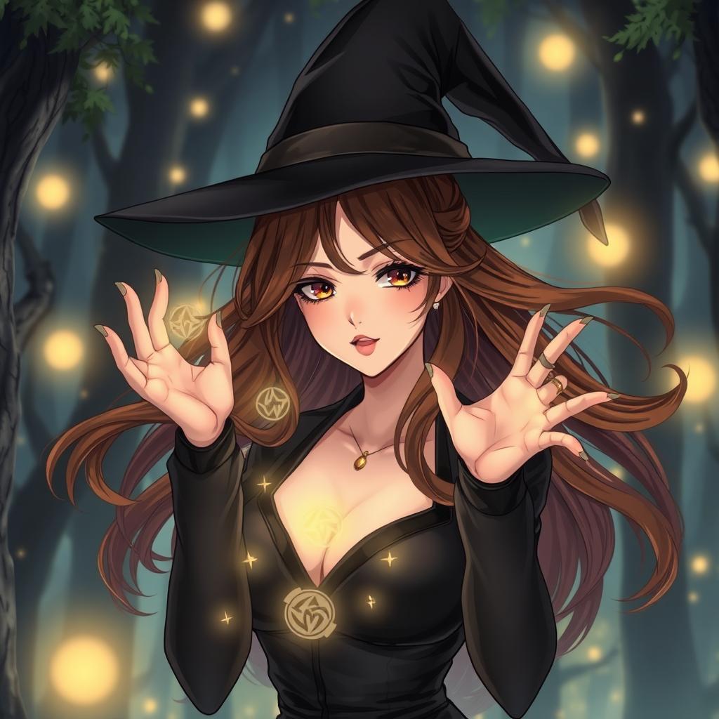 A striking illustration in manhwa style featuring a modern witch woman with flowing brown hair and captivating brown eyes