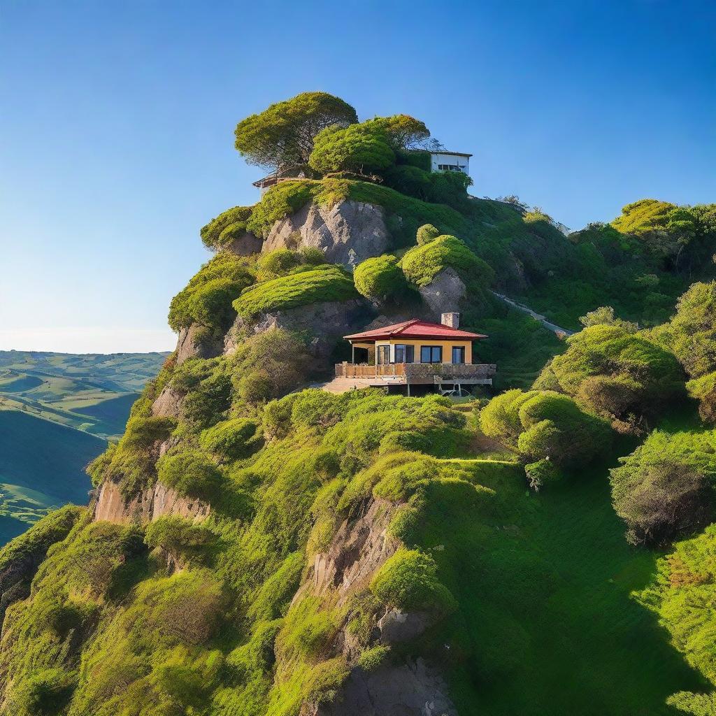 A scenic view of a house perched on a lush, lively hill under a clear sky.