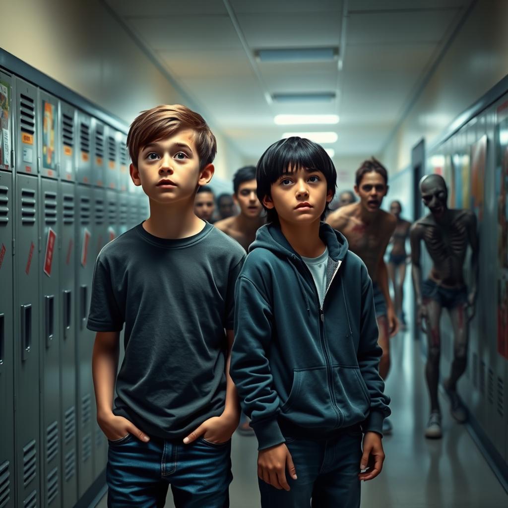 A realistic school hallway scene featuring two American boys