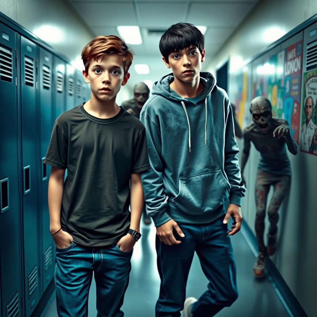 A realistic school hallway scene featuring two American teenage boys