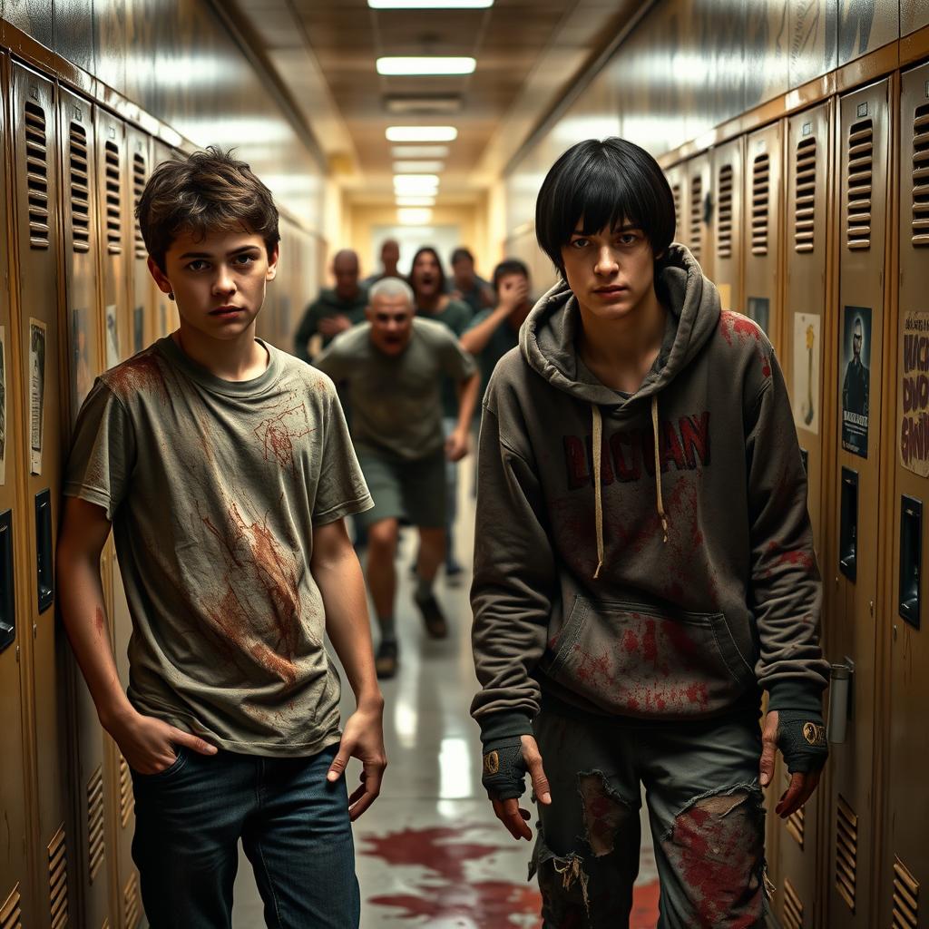 A realistic school hallway scene featuring two American teenage boys