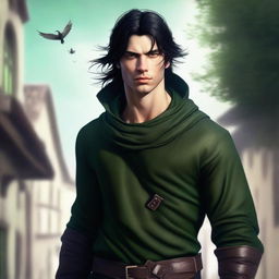 A high-resolution, realistic digital art image capturing a young man, styled as a medieval thief, in mid-fall