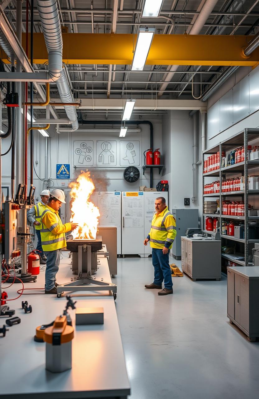 A detailed scene showcasing a modern engineering laboratory dedicated to fire safety research