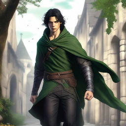 A high-resolution, realistic digital art image capturing a young man, styled as a medieval thief, in mid-fall