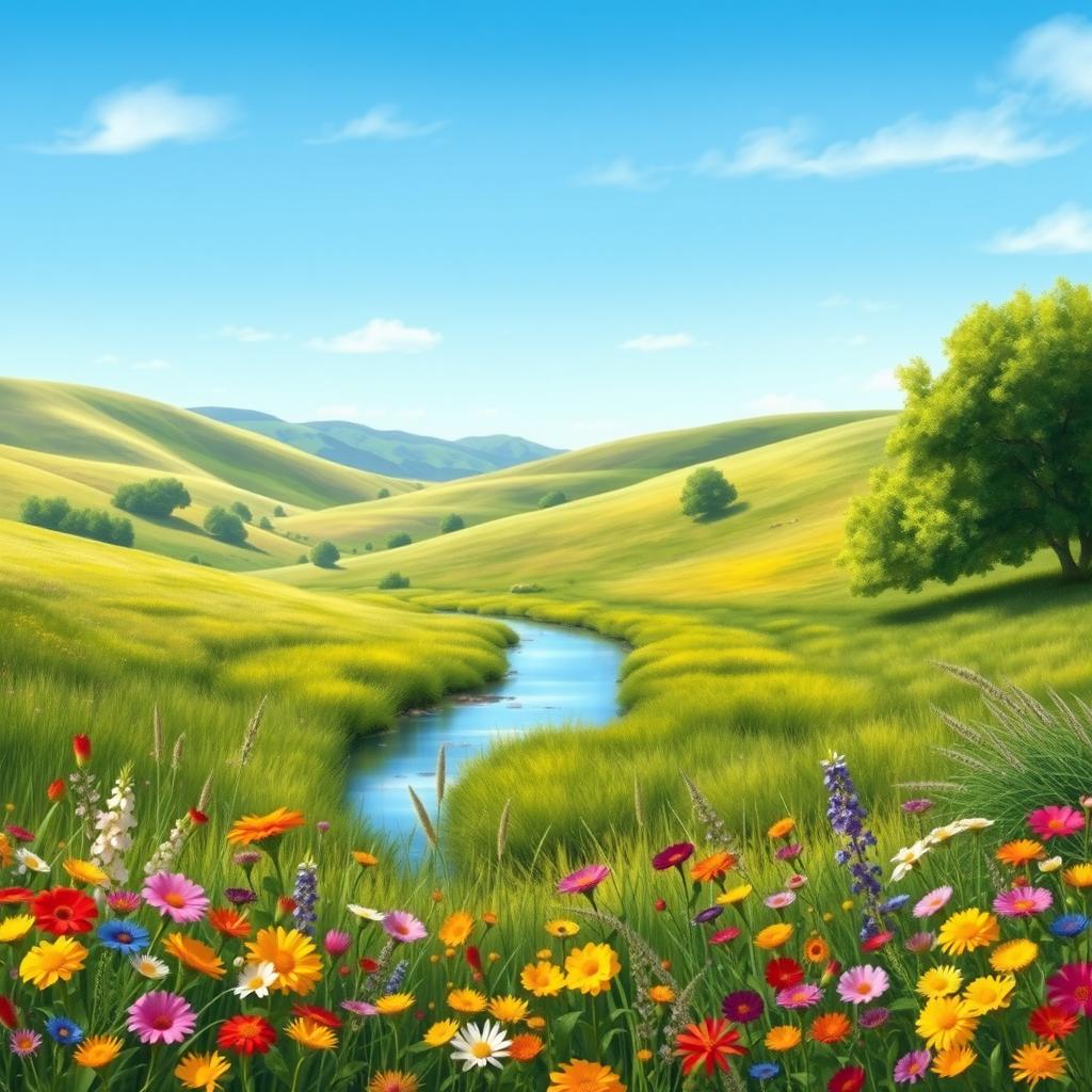 A detailed background scene to complement an existing image, showcasing a serene landscape with rolling hills and a clear blue sky
