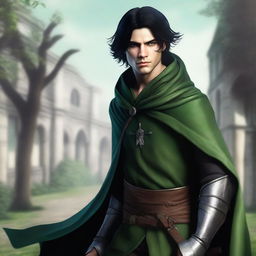 A high-resolution, realistic digital art image capturing a young man, styled as a medieval thief, in mid-fall