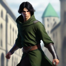 A high-resolution, realistic digital art image capturing a young man, styled as a medieval thief, in mid-fall