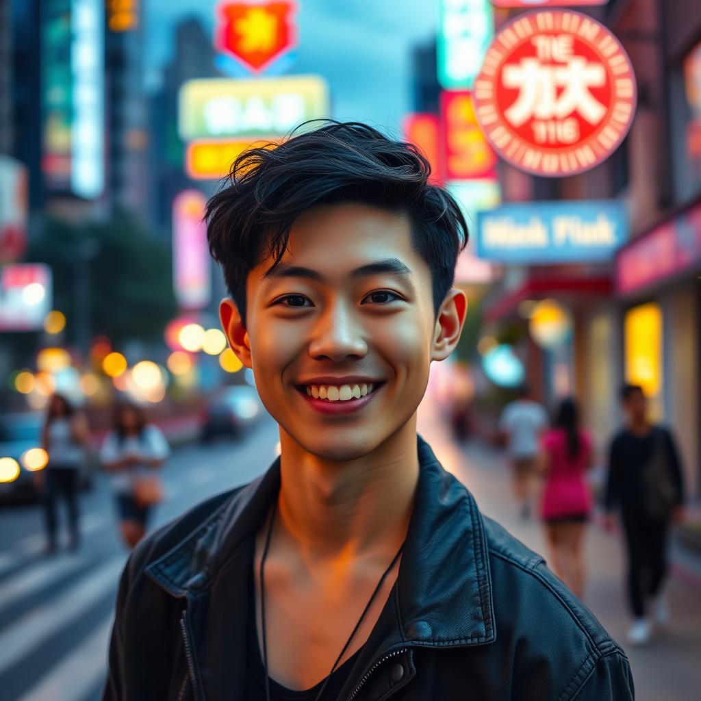 A striking portrait of an 18-year-old Chinese male model, showcasing a confident yet charming smile