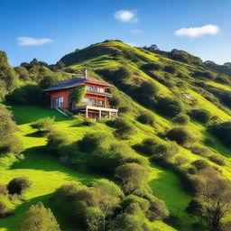 A scenic view of a house perched on a lush, lively hill under a clear sky.