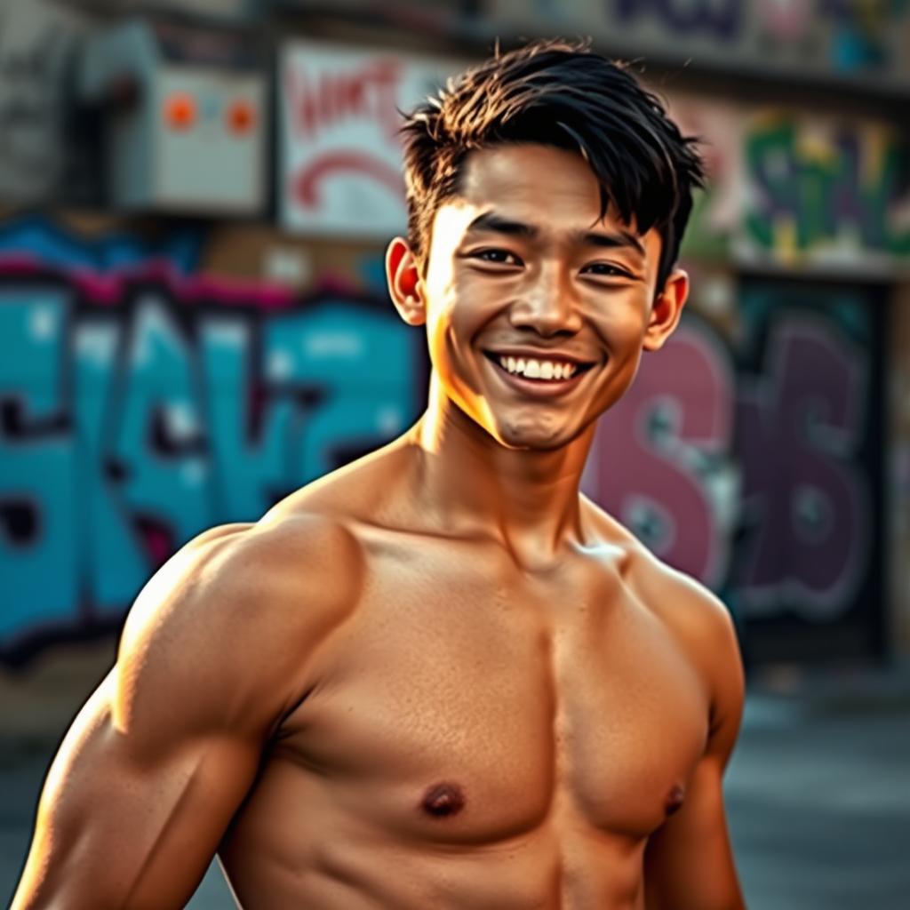 A strikingly handsome young Chinese male with an athletic build, bright smile, and expressive eyes