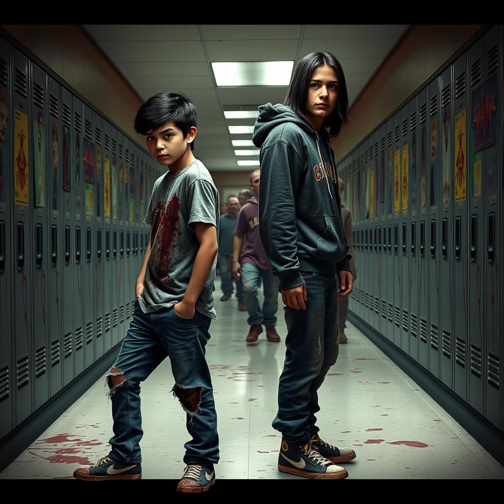 A realistic school hallway scene featuring two American teenage boys