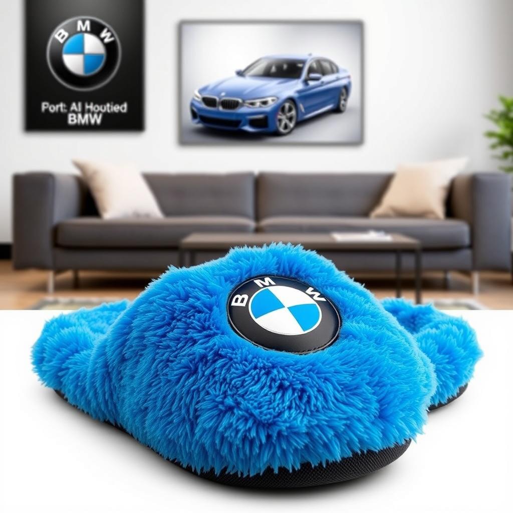 Cozy BMW-themed plush slippers, showcasing a vibrant blue color with the iconic BMW logo on the front