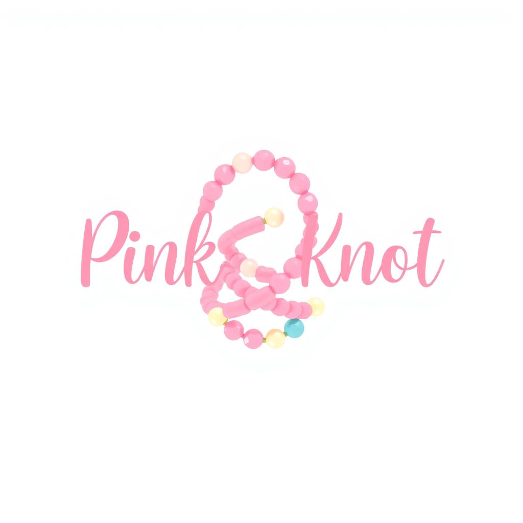 An aesthetic logo design featuring the words ‘Pink Knot Echa’ elegantly intertwined, with a series of colorful beads incorporated into the design, creating a vibrant and playful look
