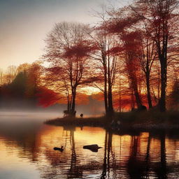 A sunset over a calm lake, surrounded by vibrant autumn trees, their leaves in hues of red, orange, and gold. A family of deers grazes on the shoreline, silhouetted in the fading twilight.