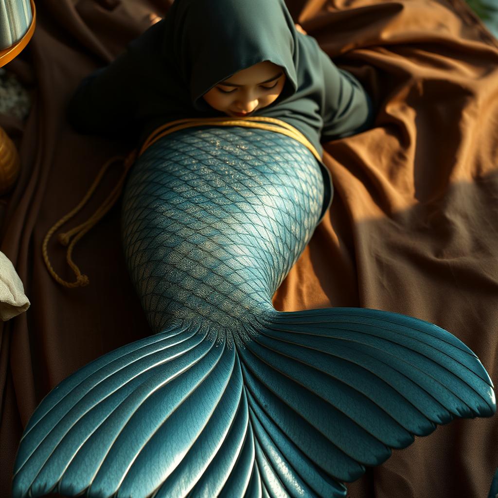 A hyper-realistic image of an adult Javanese woman wearing a traditional hijab, lying face-down