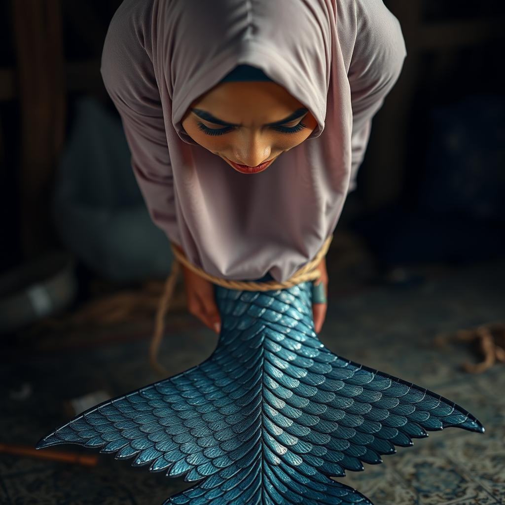 A hyper-realistic portrait of an adult Javanese woman wearing a traditional hijab, positioned face-down with her hands bound behind her back using rope, conveying a strong sense of shock and panic