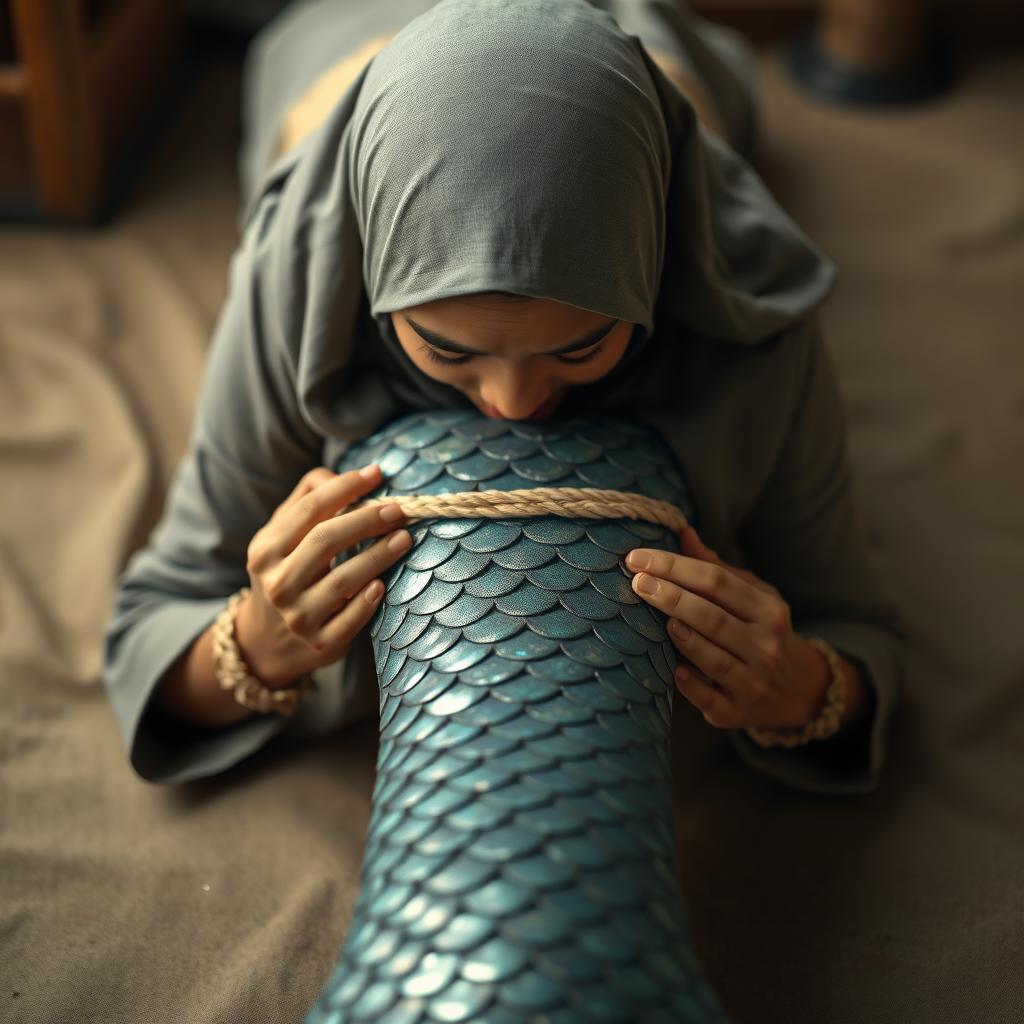 A hyper-realistic portrait of an adult Javanese woman wearing a traditional hijab, lying face-down with her hands bound behind her back using rope, illustrating a profound sense of shock and panic