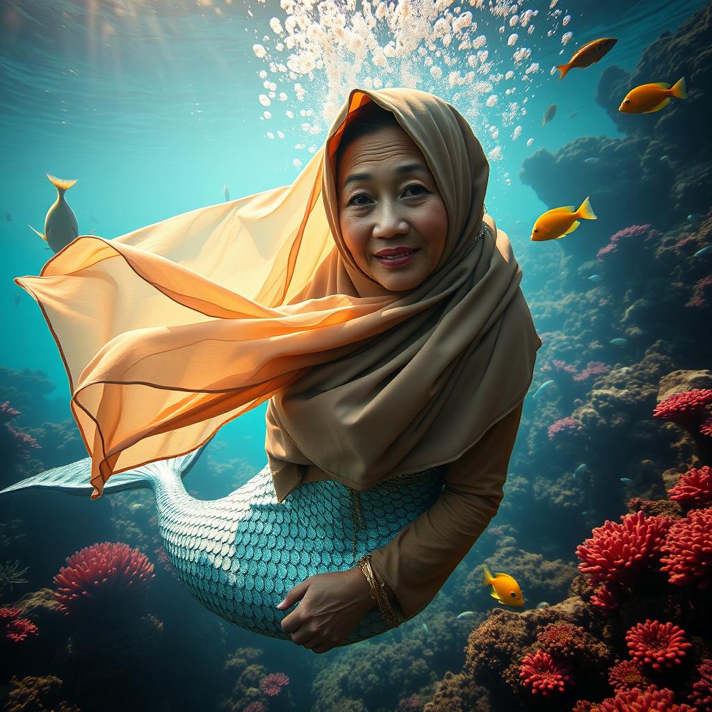 A captivating image of an elderly Indonesian woman from Java, wearing a traditional hijab, reimagined as a mermaid