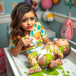 A humorous and exaggerated scene showing Selena Gomez, with an expression of mild disgust, changing a baby's diaper on a changing table