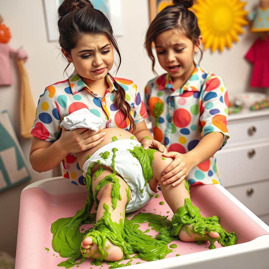 A humorous and exaggerated scene showing Selena Gomez, with an expression of mild disgust, changing a baby's diaper on a changing table