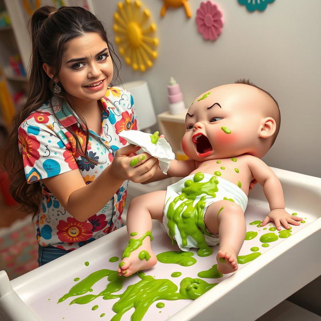 A humorous and exaggerated scene showing Selena Gomez, with an expression of mild disgust, changing a baby's diaper on a changing table