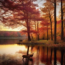 A sunset over a calm lake, surrounded by vibrant autumn trees, their leaves in hues of red, orange, and gold. A family of deers grazes on the shoreline, silhouetted in the fading twilight.