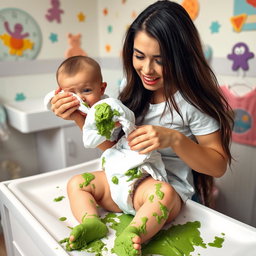 A humorous scene featuring a young woman with long, dark hair, resembling Selena Gomez, changing a diaper on a changing table