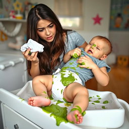A humorous scene featuring a young woman with long, dark hair, resembling Selena Gomez, changing a diaper on a changing table