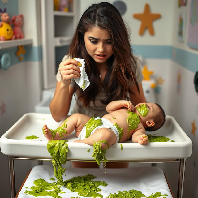A humorous scene featuring a young woman with long, dark hair, resembling Selena Gomez, changing a diaper on a changing table