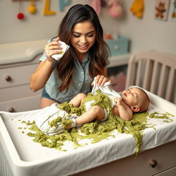 Selena Gomez in a humorous and light-hearted scenario, changing a baby's very messy diaper on a changing table