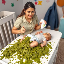 Selena Gomez in a humorous and light-hearted scenario, changing a baby's very messy diaper on a changing table